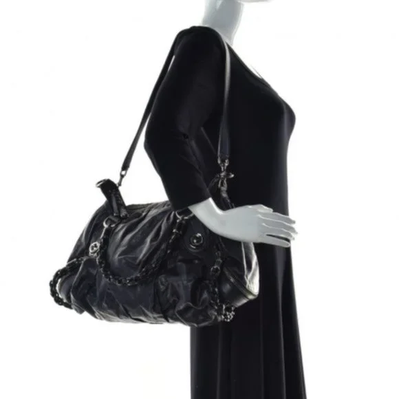 GUCCI Galaxy Two-Way Bag Black Leather Vintage Medium Satchel Purse Silver Chain - Picture 7 of 13